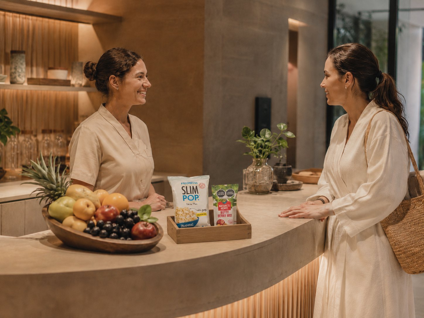 Recepción de spa con fruta y snacks saludables