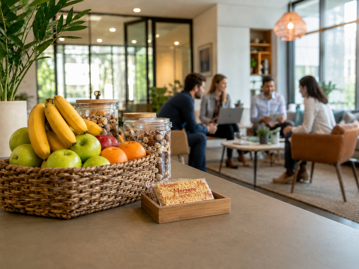 Canasta de fruta y snacks saludables en una oficina moderna