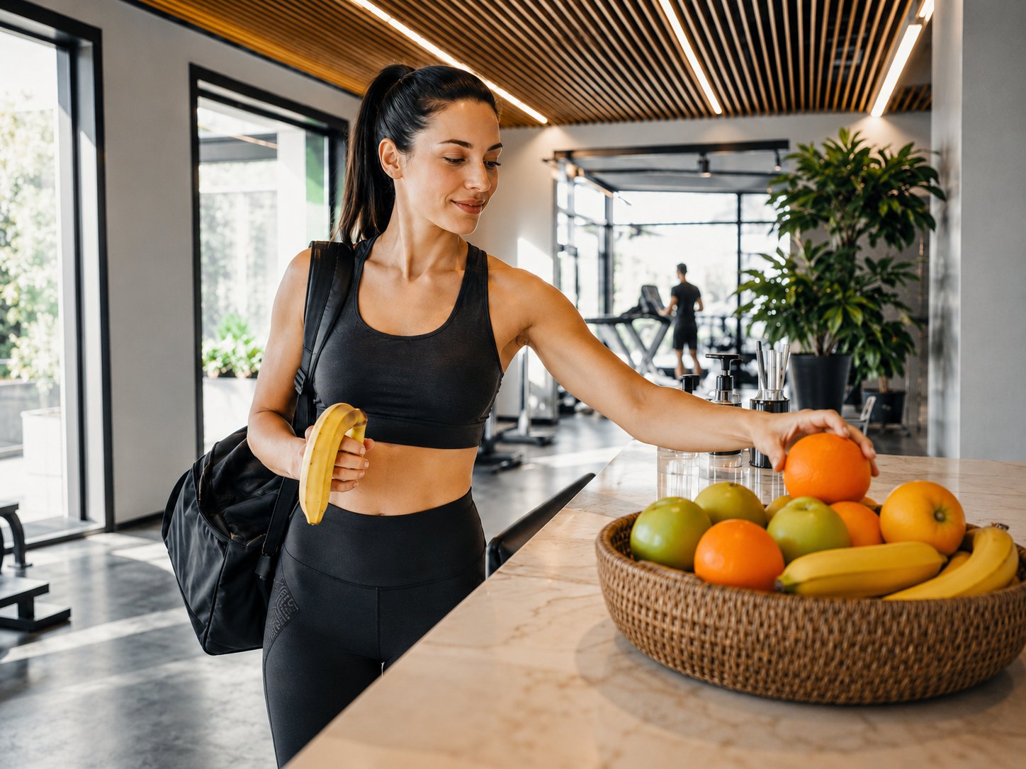Persona tomando fruta antes de entrenar en gimnasio moderno