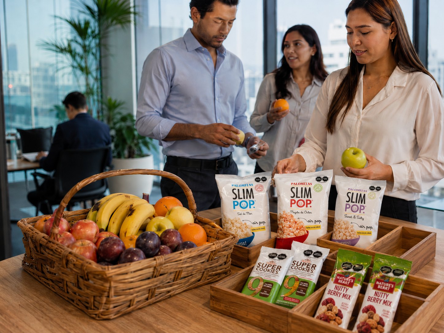 Equipo de oficina compartiendo fruta y snacks saludables