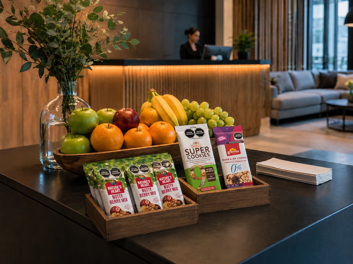 Lobby wellness con fruta y snacks saludables