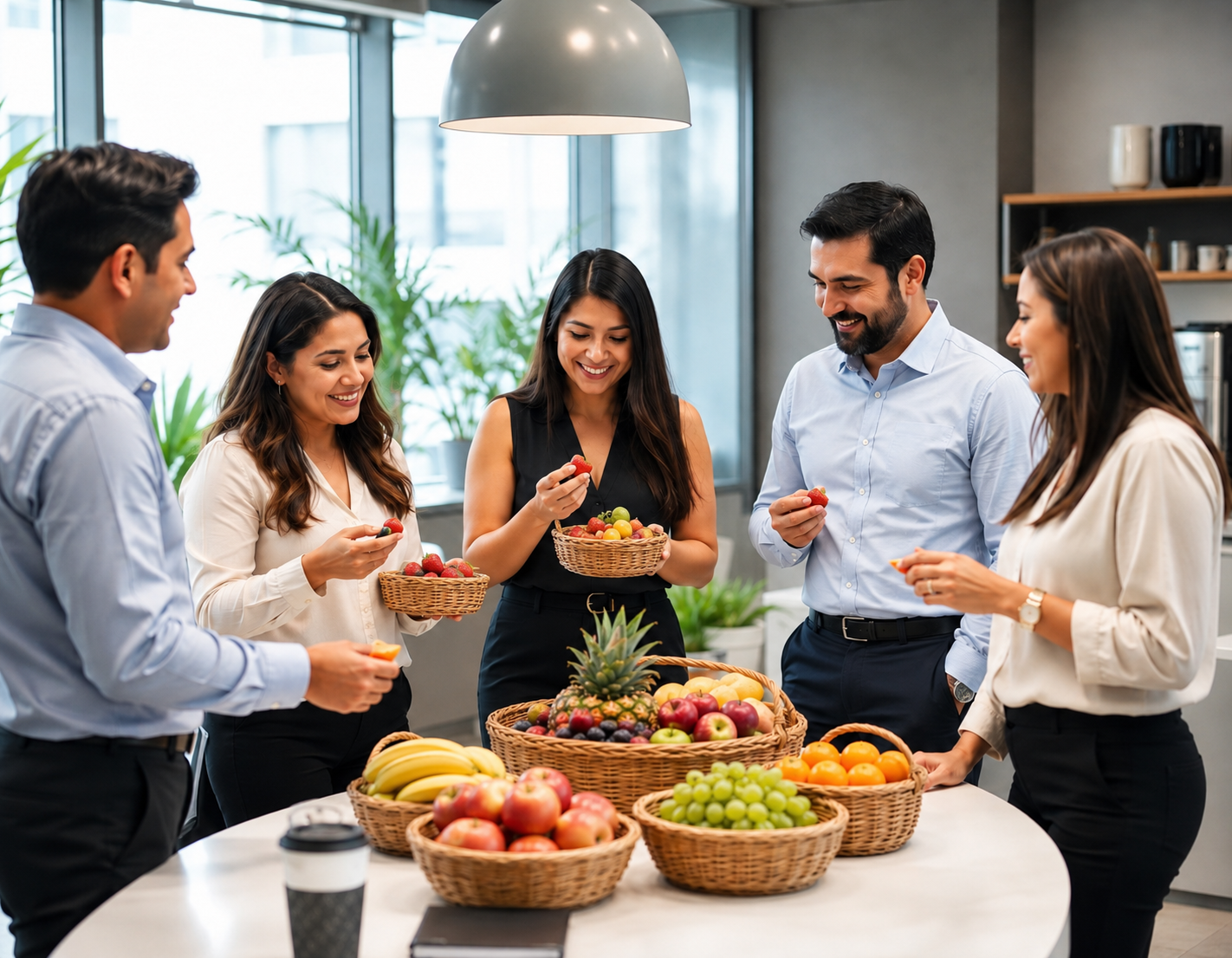 Equipo disfrutando fruta fresca en la oficina
