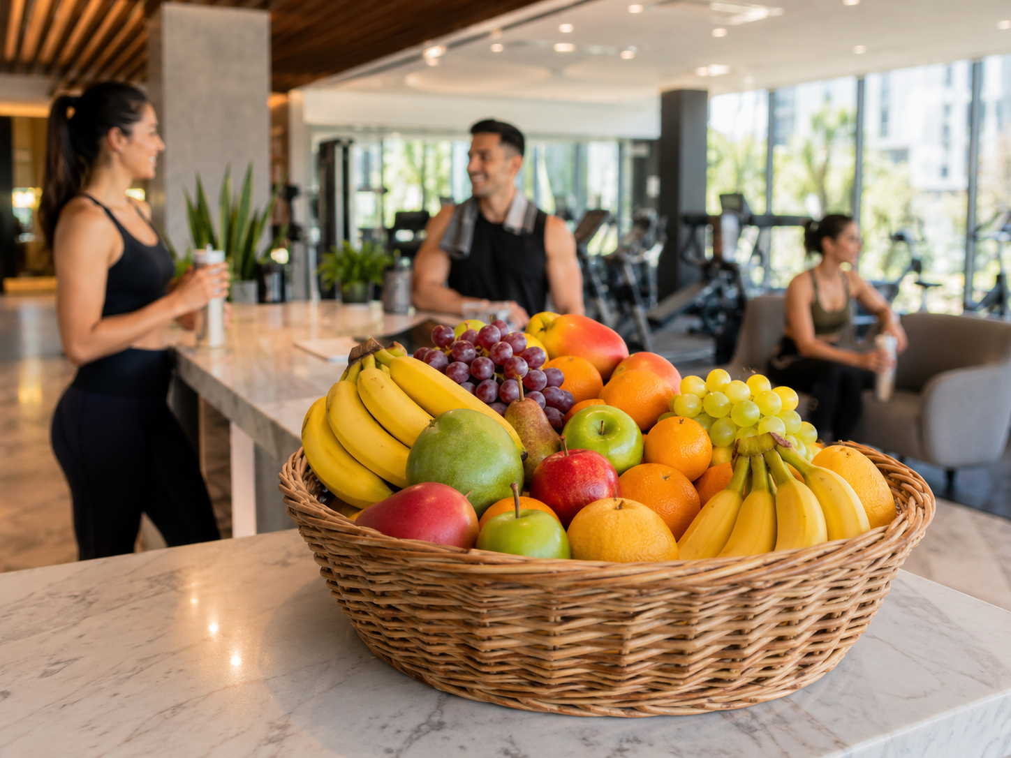 Canasta de fruta fresca en un estudio fitness